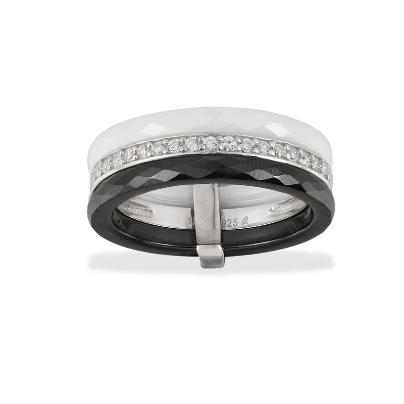 Wholesale Two Layers White and Black Ceramic Ring White CZ Inlay 925 Luxury Designer Jewelry