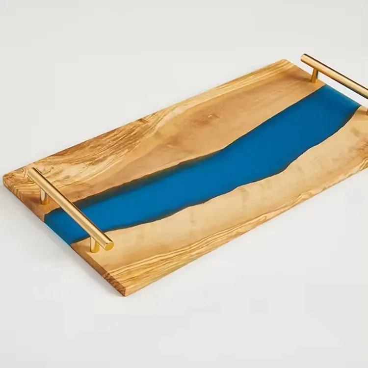 Epoxy Wood Resin Tray Home Olive Wood and Resin Serving Trays with Metal Handle Kitchen Fruit Bread Steak Board Cutting Board