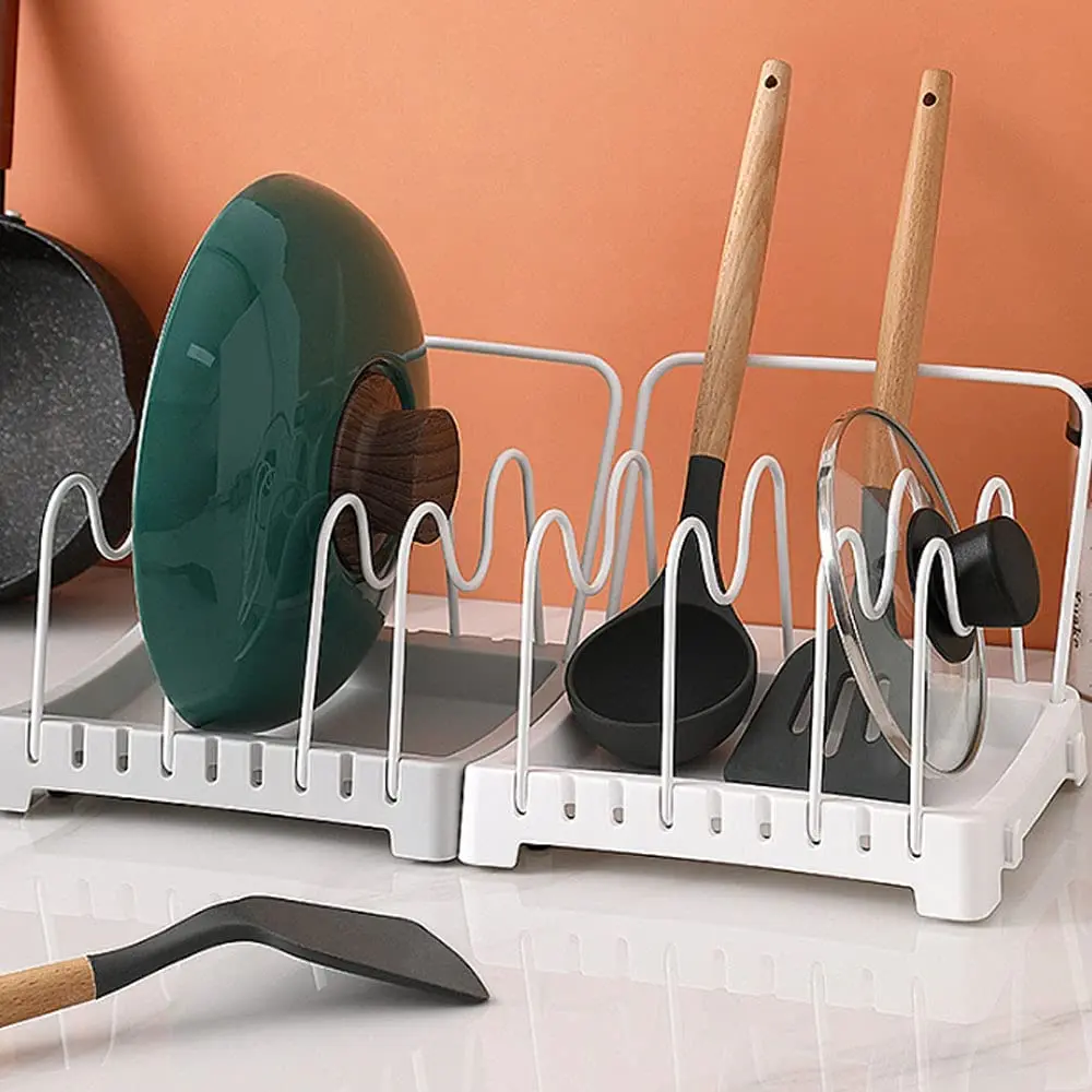 Pot Lid Stand Rack /Holder/Organizer,with 3 Adjustable Dividers 1Hanging Dry Cloth shelf for Kitchen cabinet,Cut Board,Pan cover