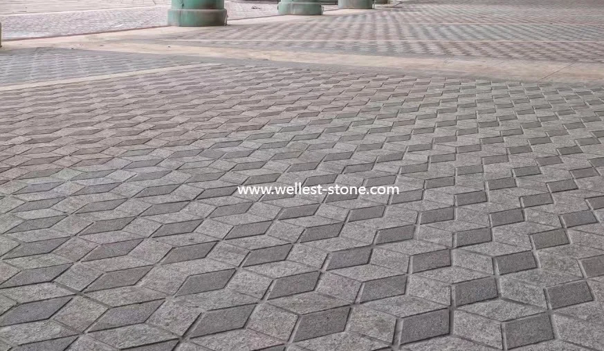 supply golden supplier natural stone grey pattern 3D design granite cobbles stone driveway paver on mesh, plaza paving stone