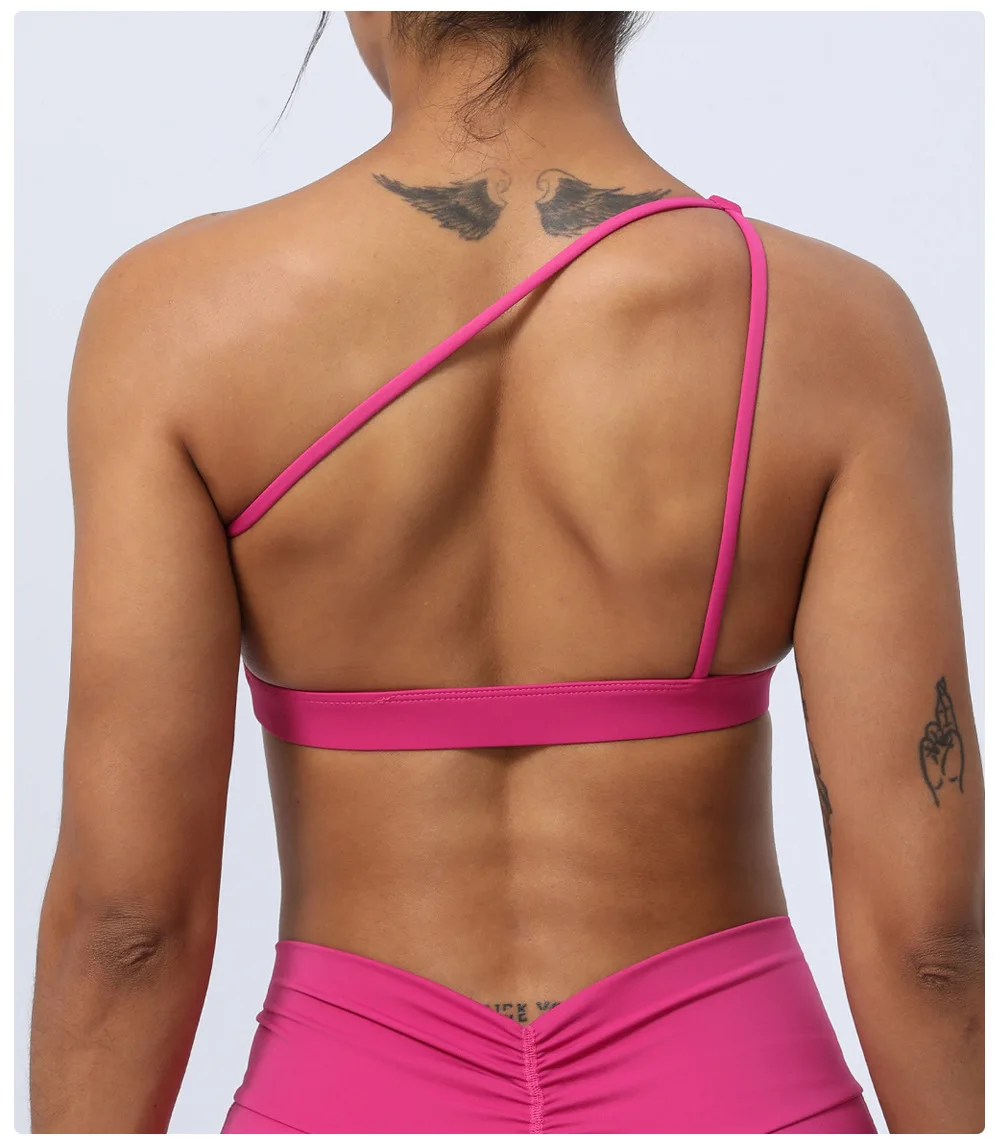 Women Custom One Shoulder Push Up Buttery Soft Lightweight Gym Fitness Beauty Back Top Single Shoulder Thin Straps Sports Bra