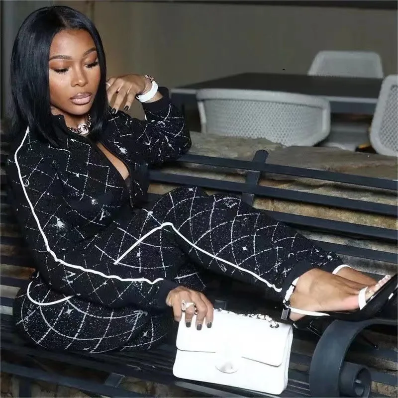 2024 New Trending Branded Designer Clothing Ladies Plus Size Black Sexy Bodycon Tights Romper Long Sleeve Printed Women Jumpsuit