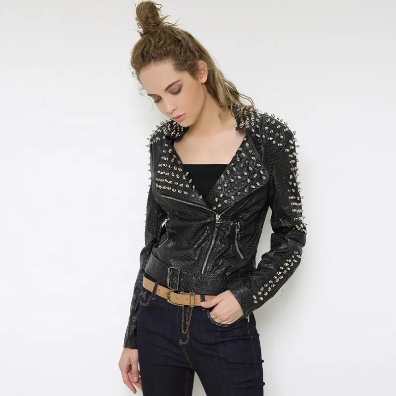 2020 New Punk Rock And Roll Women Motorcycle Faux Leather Jacket Sheepskin Biker Spikes Studs Moto Coat