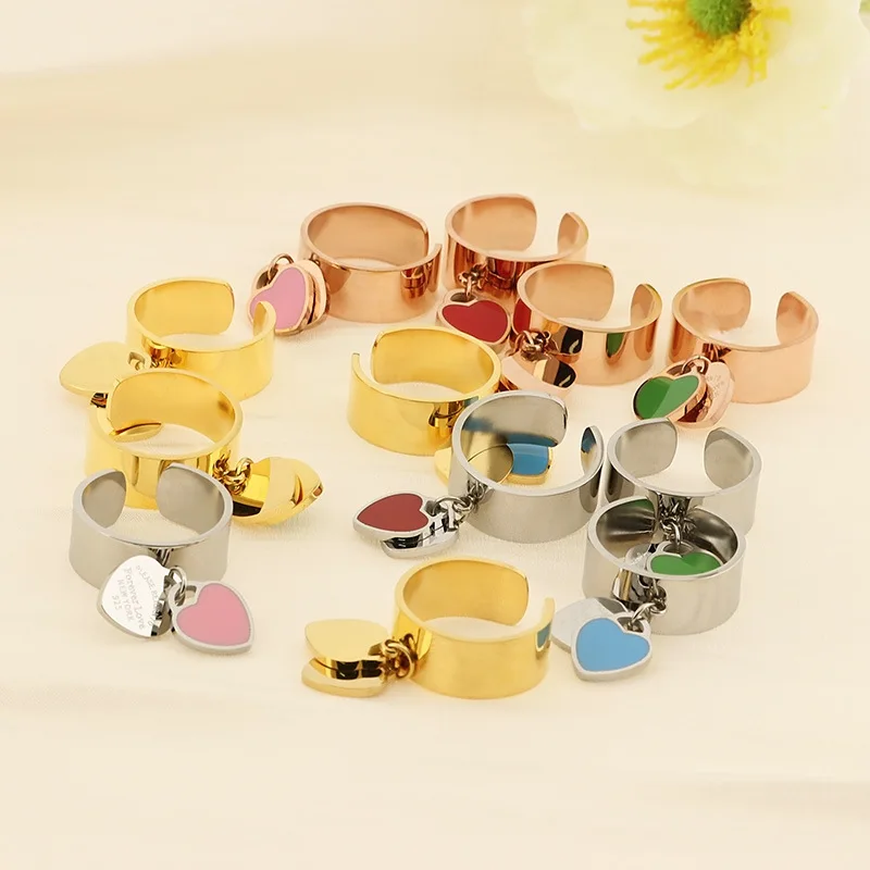 Wholesale Pink Blue Enamel Heart Charm Waterproof Anti Tarnish Designer Gold PVD Plated Girls Open Rings For Women