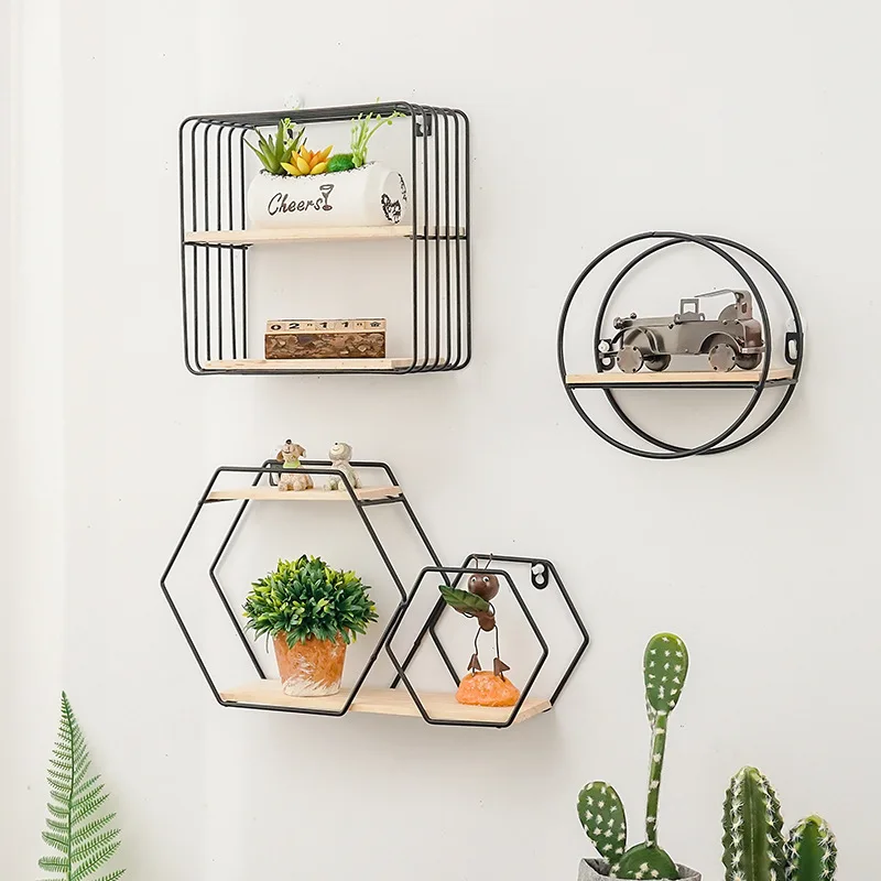 Home living room wall decoration hexagon wall mounted metal wire display shelf with wooden bracket