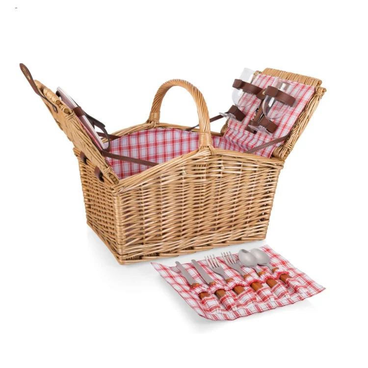 
Natural color Eco-friendly wine holder Wicker Basket Outdoor Picnic Basket Vegetable Basket with wine holder 