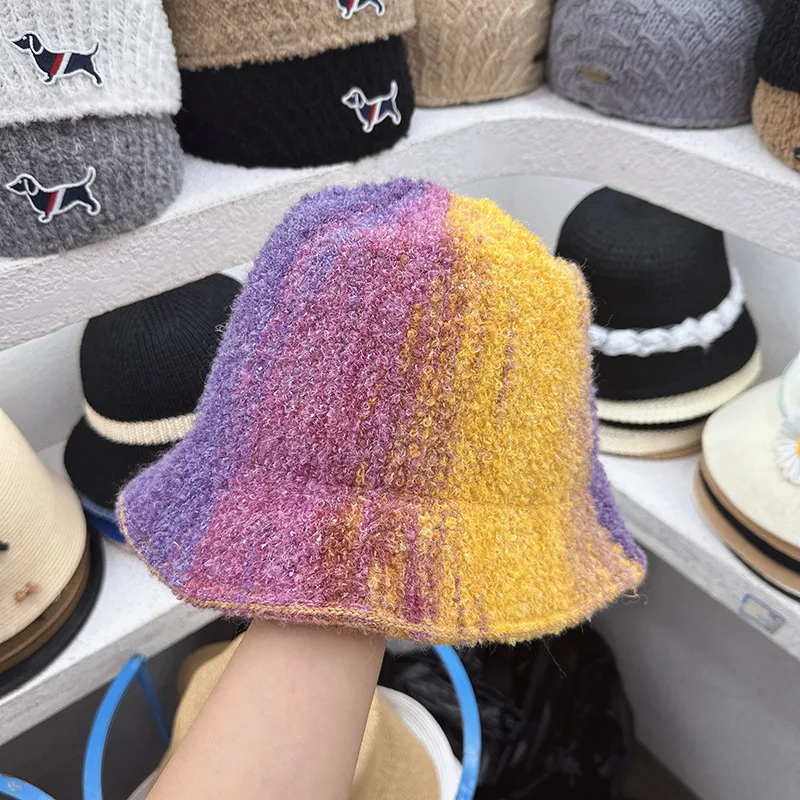 Fashion Mens Winter Wool Felt Knitted Stripe Bucket Hat Unisex Outdoor Windproof Fleece Hat