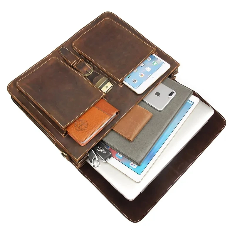Vintage Cowhide Leather Travel Messenger Office Crossbody Bag Laptop Briefcase Computer College Satchel Bag For Men