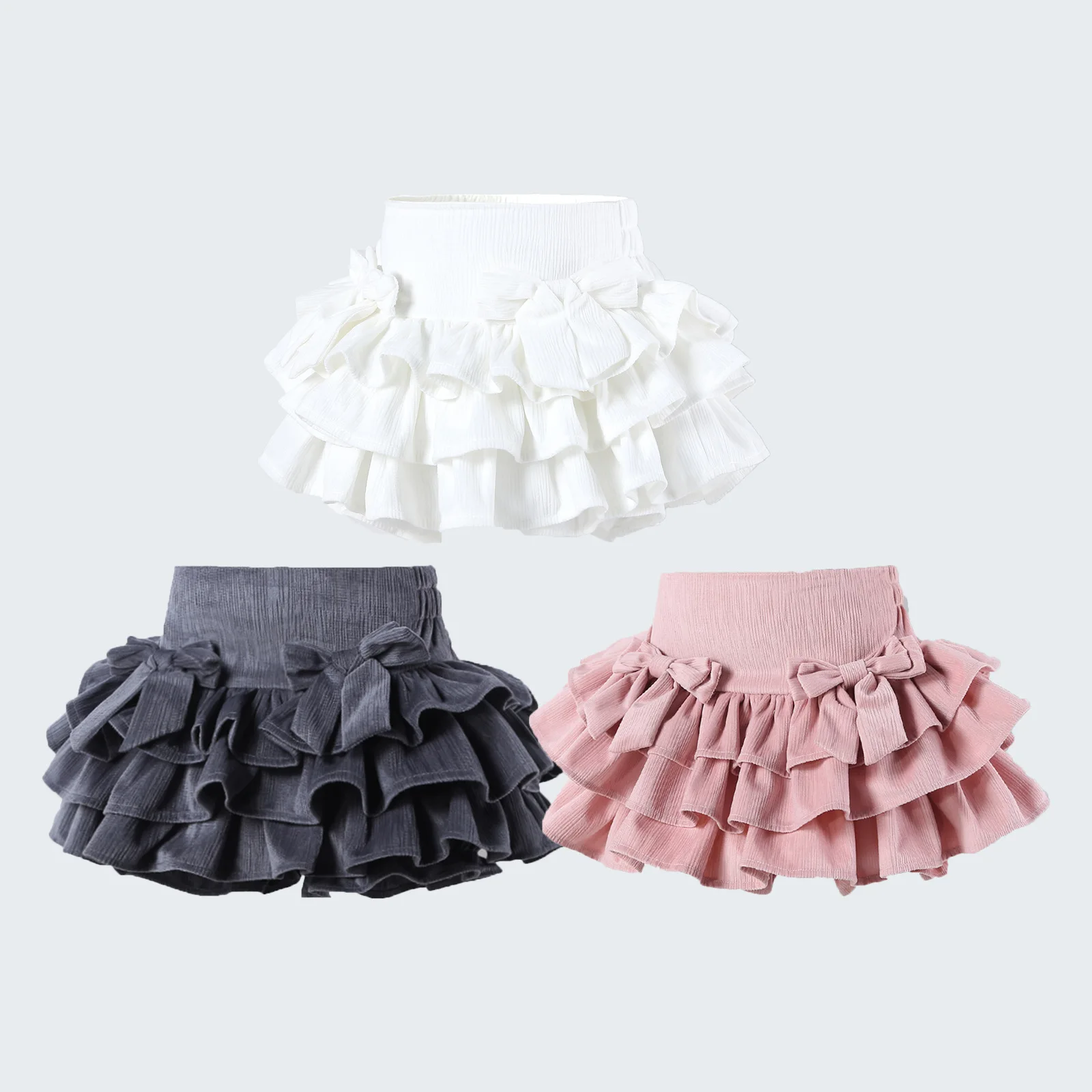 2024 Children Girl Summer Ruffle Layered Bows Cake Skirt Pink White Gray 3-9 Years