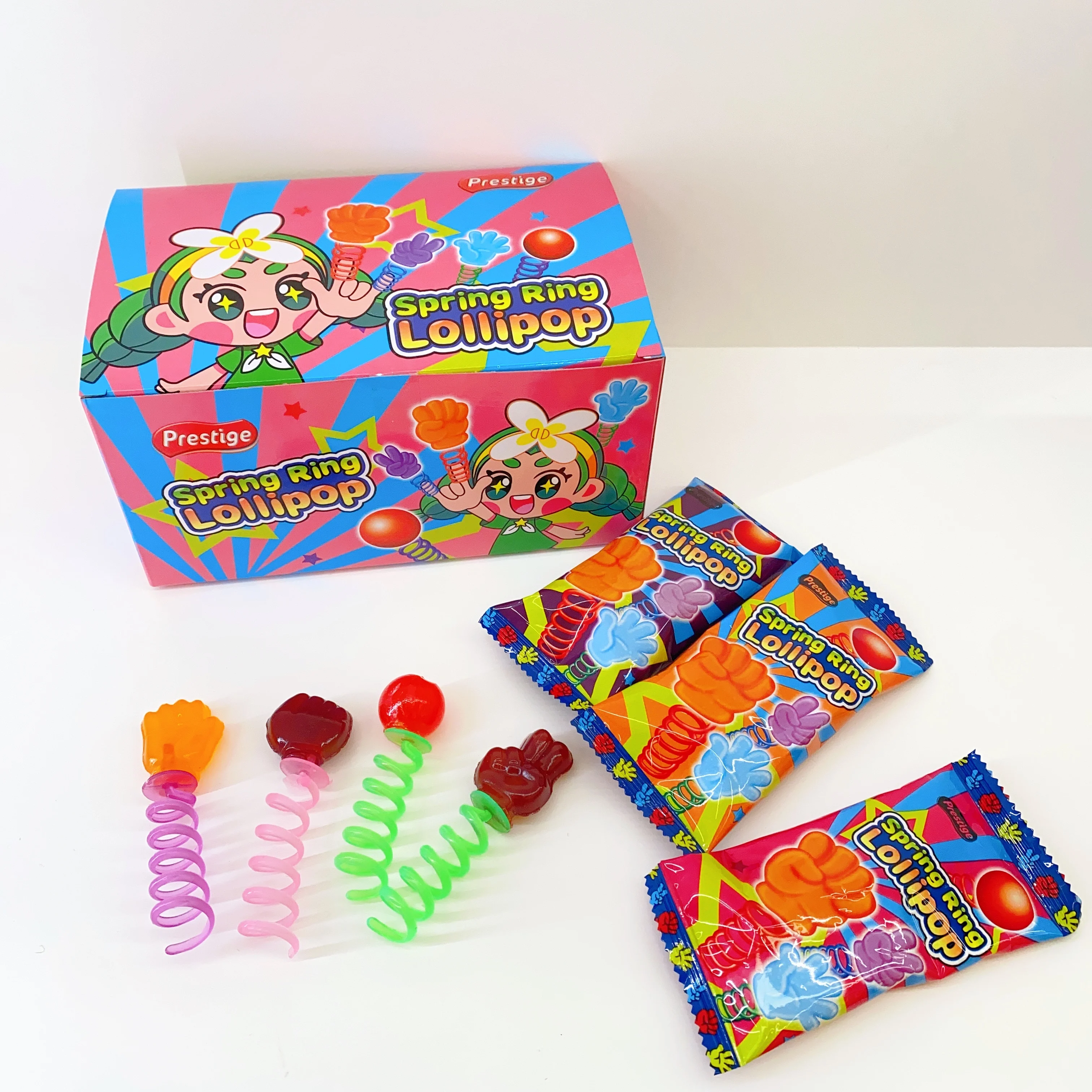Halal OEM Fruit Flavor Sweet Funny Spring Ring Lollipop Candy