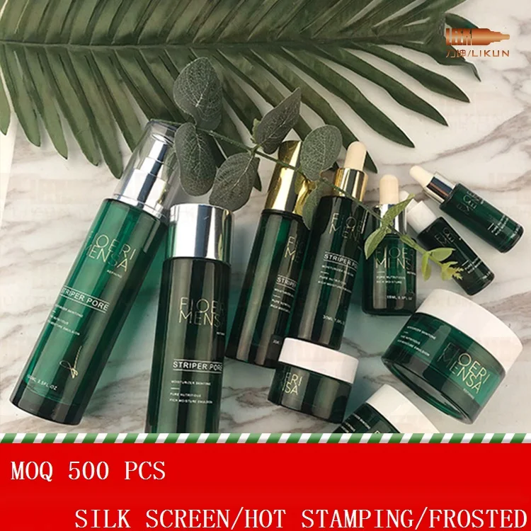 Оптовая продажа, высококачественные роскошные косметические бутылки и банки из зеленого стекла с серебряными крышками по хорошей цене