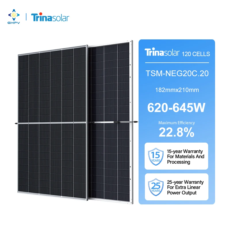 Trina Solar Panels hjt 620W Vertex N 625W Pv Modul Solarpanel 630W 635W 640W 645W N Type TOPCon bifacial TSM-NEG20C.20