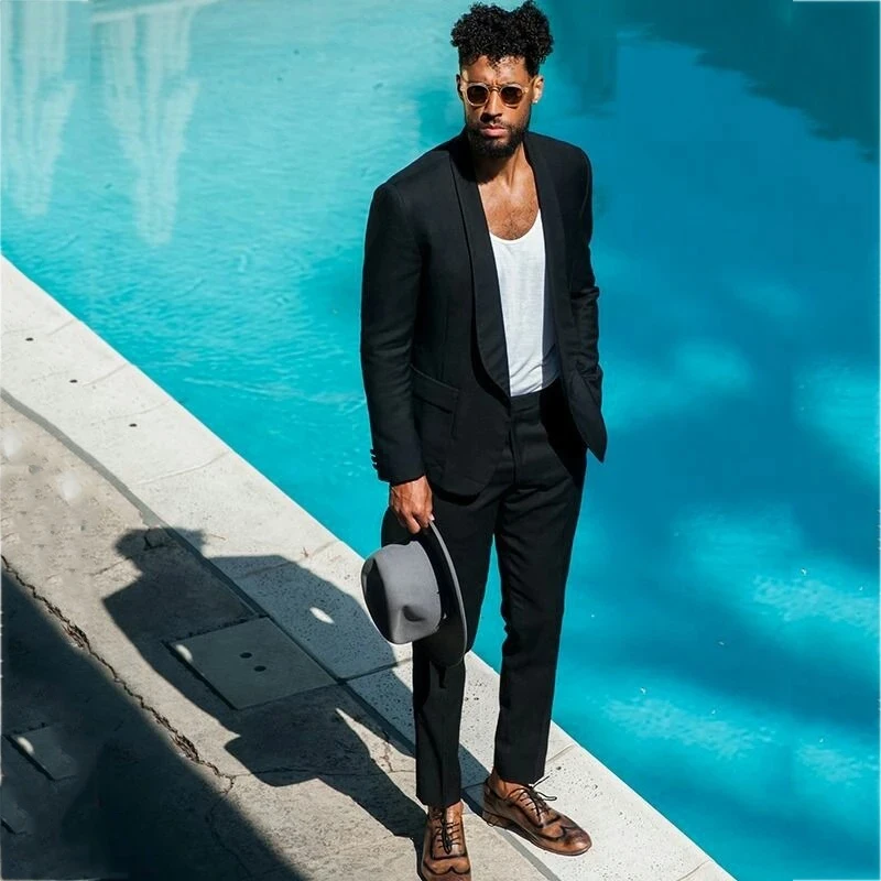 New Custom Made Black Casual Shawl Lapel Men Suits Slim Fit Prom pent coat for men Groom Blazer Wedding 2 Pcs Tuxedos Sets