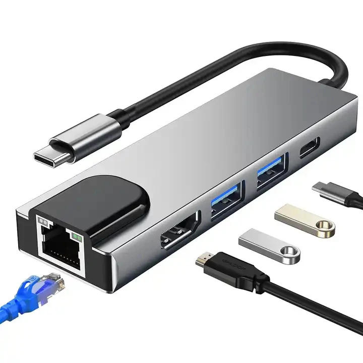 Most Popular Product 5 in 1 Type C Hub to HDMI Gigabit Ethernet 2 USB 3.0 Ports and Power Delivery Port for MacBook Pro