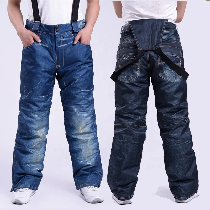 Wholesale custom label warm windproof waterproof thickened jeans ski pants Overalls with bib for men women
