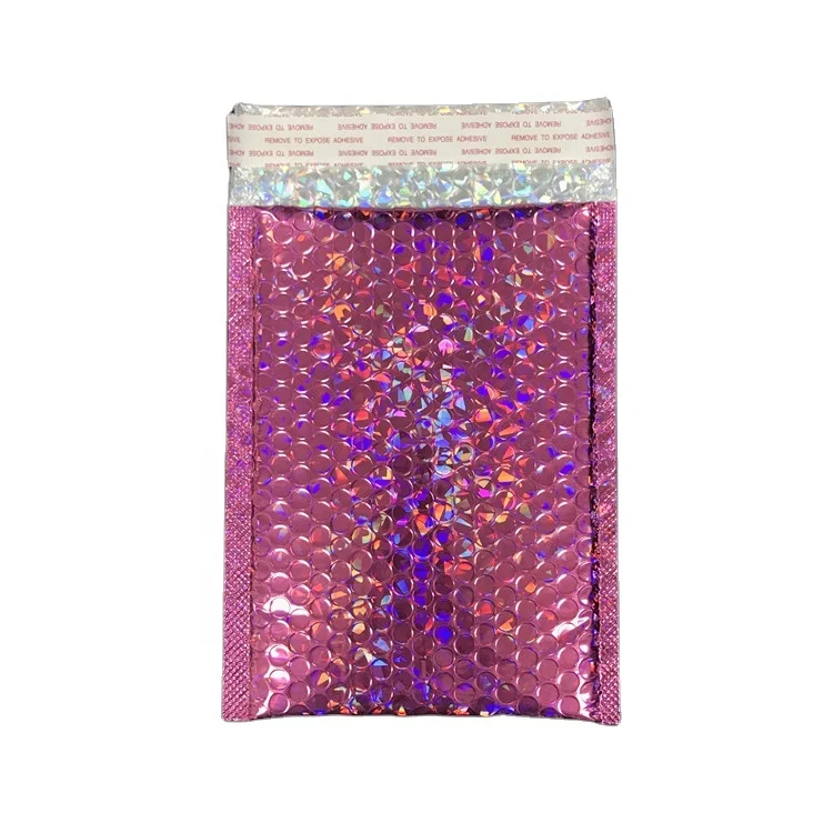 Custom Printed Pink Colored Laser Film Bubble Mailing Bag Metallic Bubble Mailer