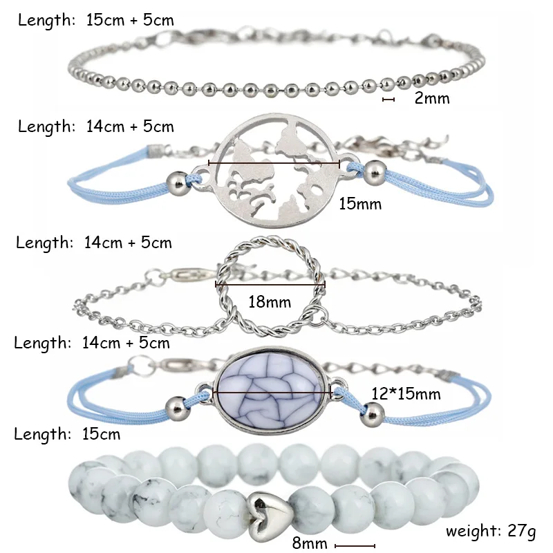 
Korean Fashion Oval crack pine stone bead chain map hollow ring bracelet set of five pieces creative marble hand rope 