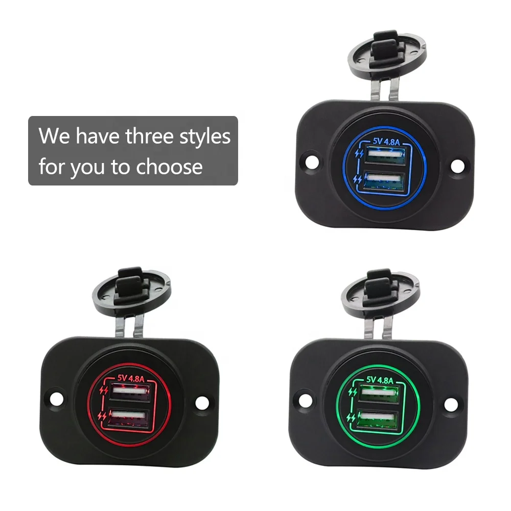 Amomd Single Face Plates Marine and Car USB Socket Charger Port 4.8A LED Waterproof Dual Port Fast Charge