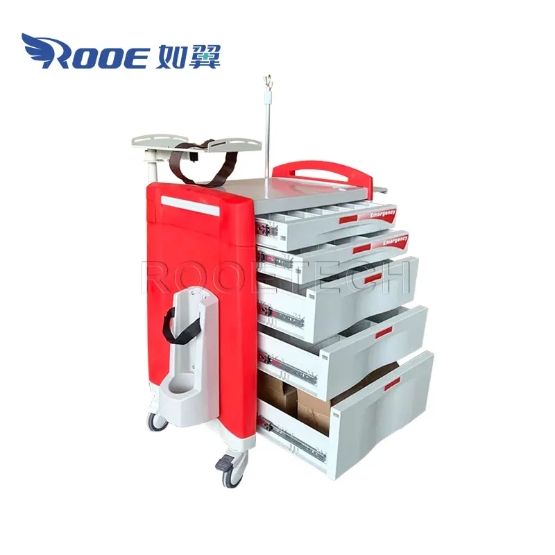 Multifunction Red ABS Medical Emergency Medicine Crash Cart with 5 Drawers and A Central Key Lock System