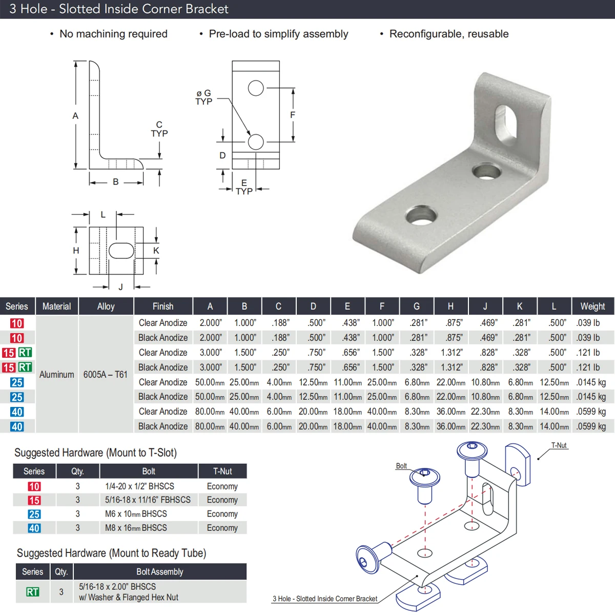 China manufacturer 3 hole slotted inside L shape Aluminum corner bracket for 25mm T-Slot aluminium profile connection 25 30 40
