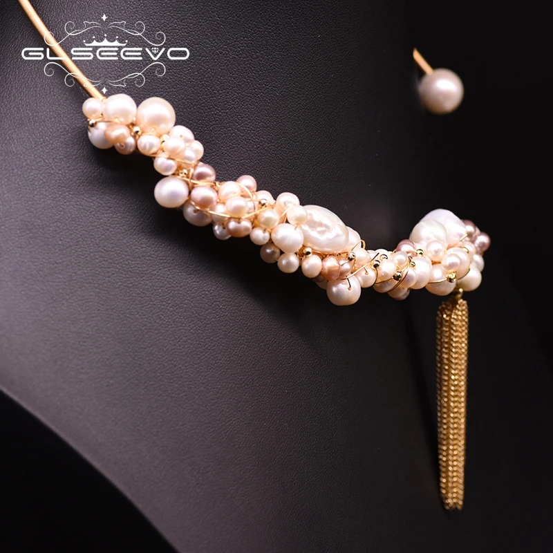 Natural Freshwater Pearl Tassel Choker Necklace For Women  Luxury Handmade Gold Plated Jewelry Custom Necklace