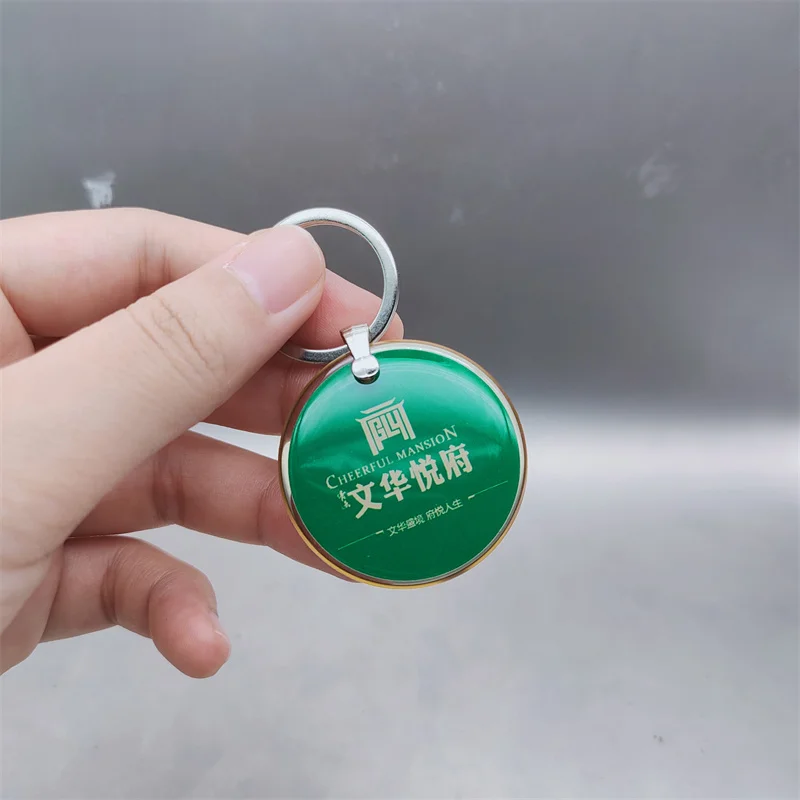 Custom Rfid metal Edged Epoxy card Trolley Token Ntag 213 215 keyfob for Pet Collar with QR code/ url encode