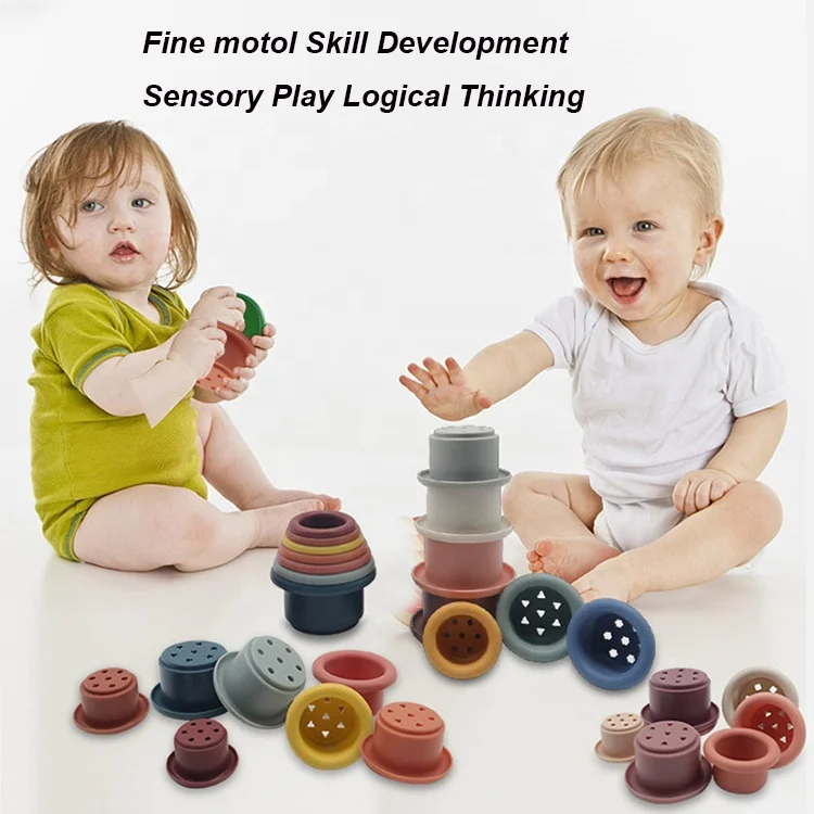 BPA free Silicone Stacking Cup Toys Nesting Montessori Cup Children Educational Toy Kids Learning Activity Baby Bathing Toy