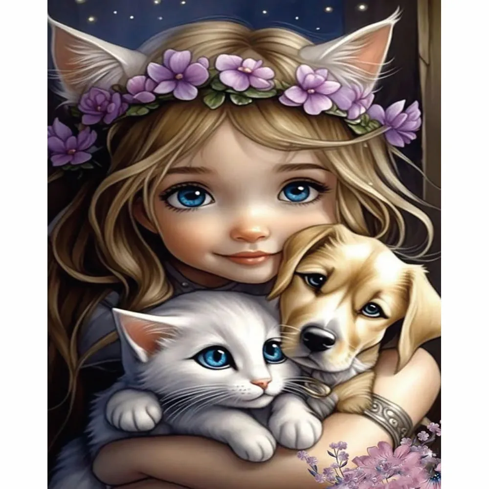 Animal Cat Dog Little Girl Draw Full Diamond Cross Embroidery Diamond Kit DIY Adult Diamond Painter Home Wall Decoration Gift
