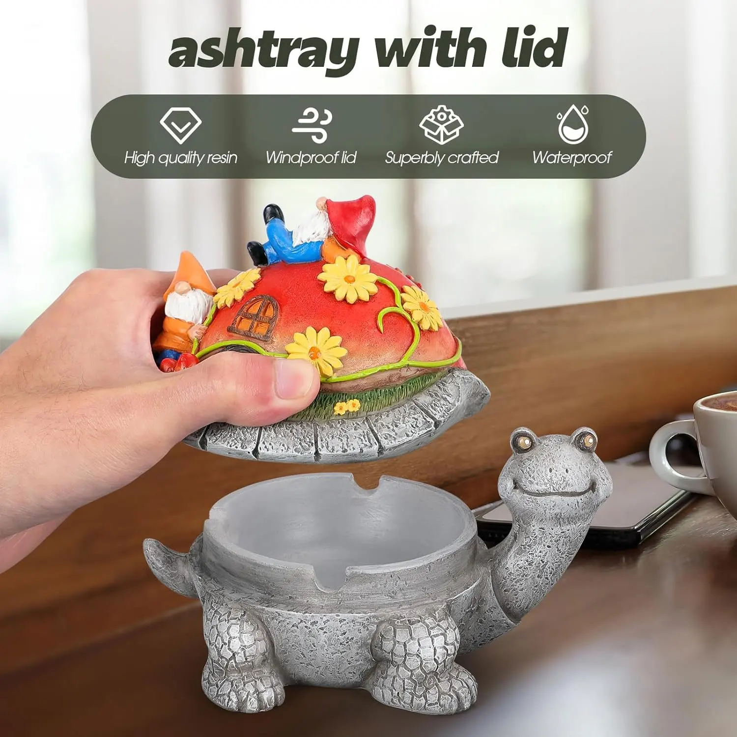 Home Office Porch Patio Decorations Waterproof Ash Tray Personal Funny Resin Turtle Ashtray with Lid