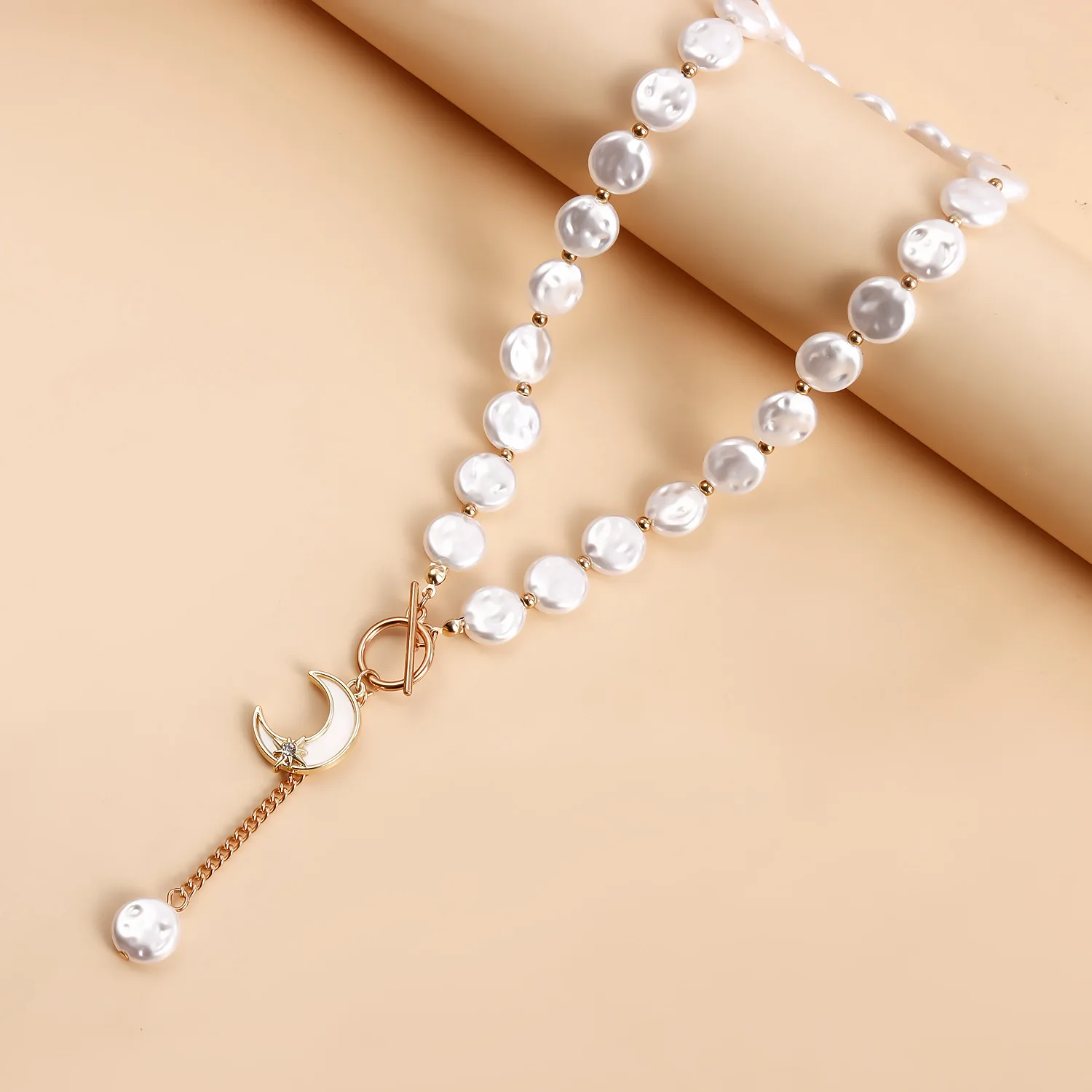 GEERDENG New Arrival Dainty 18k Gold Plated Flat Pearl Tassel Necklace OT Buckle Necklaces for Women