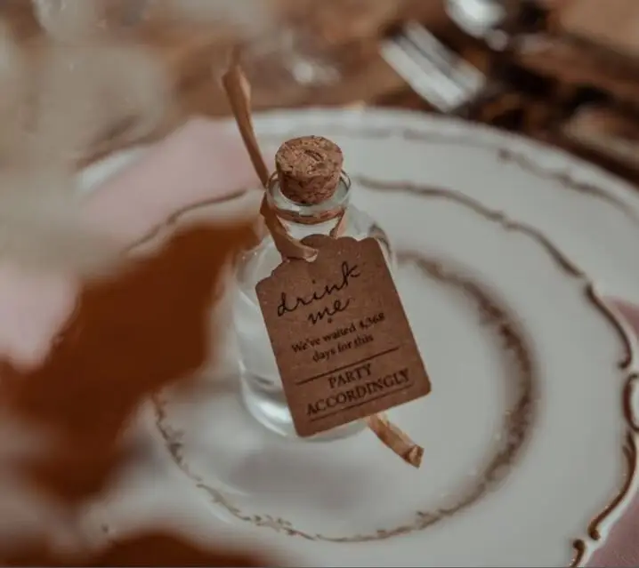 Wedding Favour Bottles - Glass with Wood Cork - Personalised Labels - Shot Bottle 50ml
