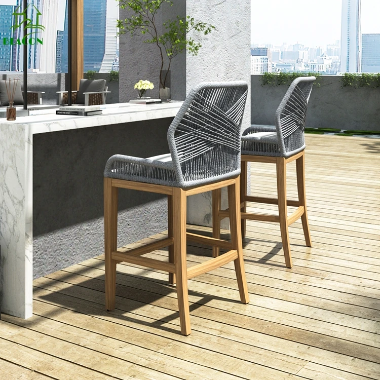 Out door solid wood bar chair teak nordic minimalist dining kitchen counter height bar stool chair for restaurant club