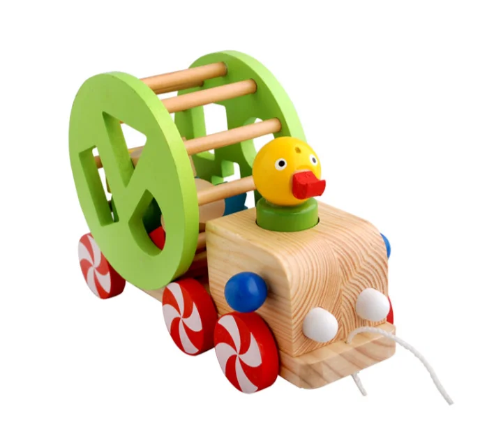 wood duck animal trailer toy wooden pull string baby car toy