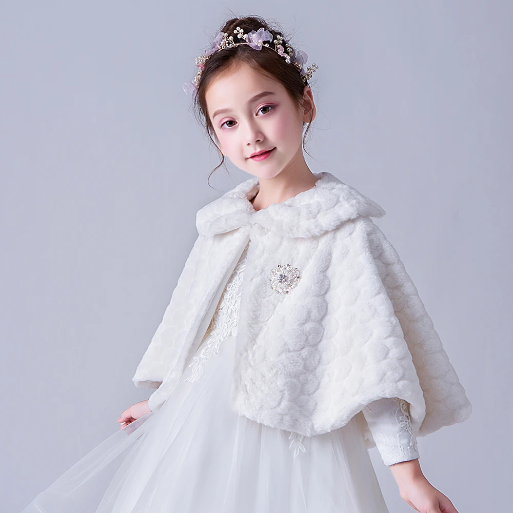 Flower Girls Faux Fur Bolero Shrugs White Winter Princess Shawl Wrap Shoulder Cape Wedding Party Dress Cover Up Wraps