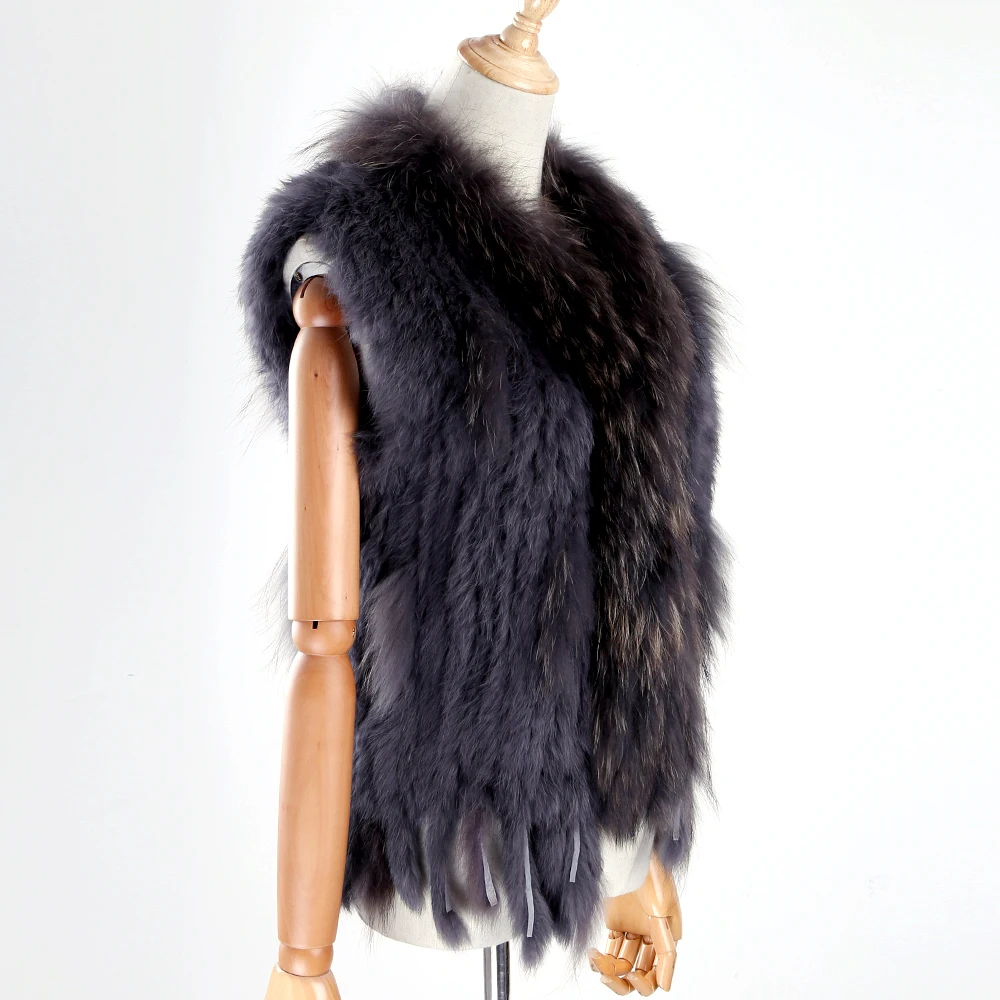 Женский вязаный жилет из натурального кроличьего меха, жилет без рукавов с кисточками и отделкой из меха енота на воротнике
