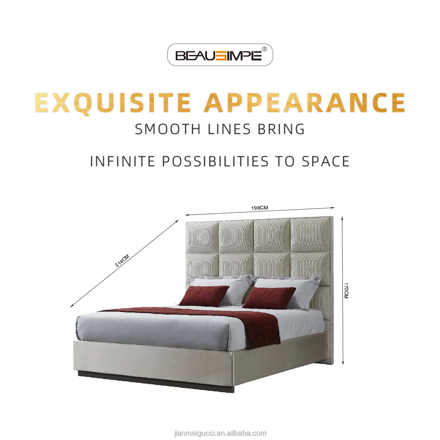 Modern minimalist bed with rectangular design pattern soft padded tall headboard fabric leather bedframe for bedroom furniture