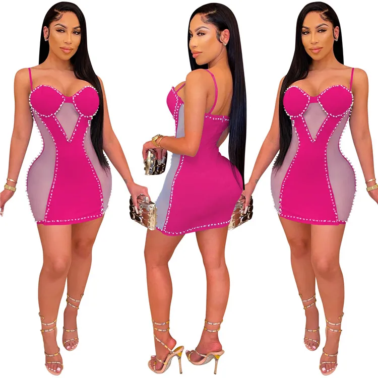 
Sexy Club Dress Mesh Patchwork Summer Solid Sexy Bodycon Womens Dresses Fashion Beading With Zipper Evening Dresses Women 