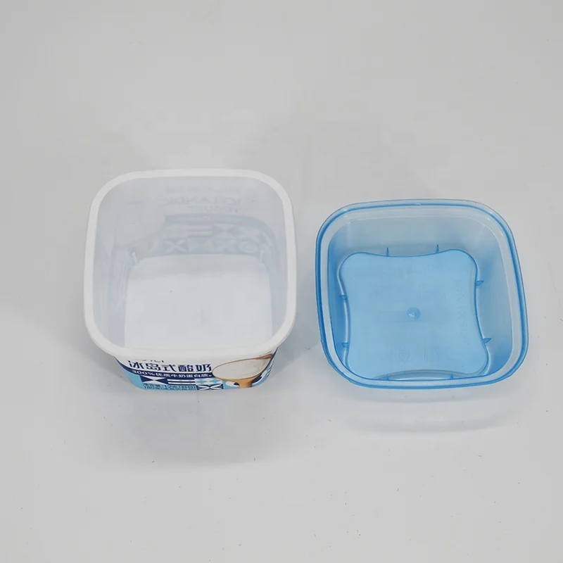 In mold labeling microwavable plastic container PP material square plastic desert cup with lid for yogurt/ ice cream