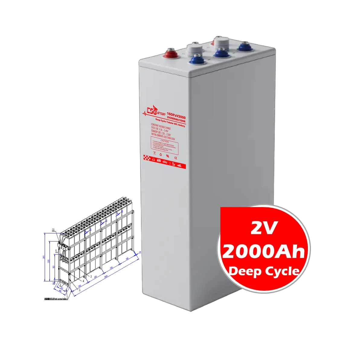 Аккумуляторная сверхмощная свинцово-кислотная батарея CSBattery 2V 2000ah для солнечных/экскаваторов/центров обработки данных/Amy