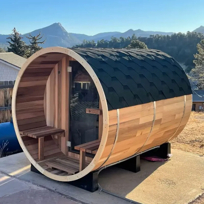 Traditional outdoor hemlock waterproof steam Barrel sauna room with glass front windows