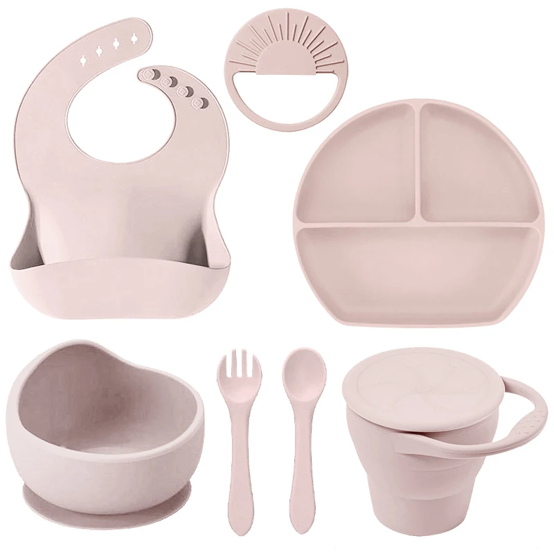 Hot Selling 100%  Food Grade Cute Baby Feeding Silicone Set Cup Baby Plate Bowl Spoon Bib Feeding Silicone Dinnerware Sets