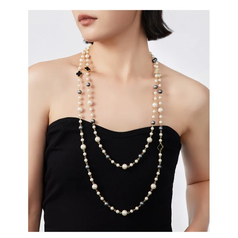 Designer Famous Classic Four Leaf Clover Sweater Chain Luxury Fashion Long Multilayer Necklace Handmade Pearl Alloy Fine Jewelry