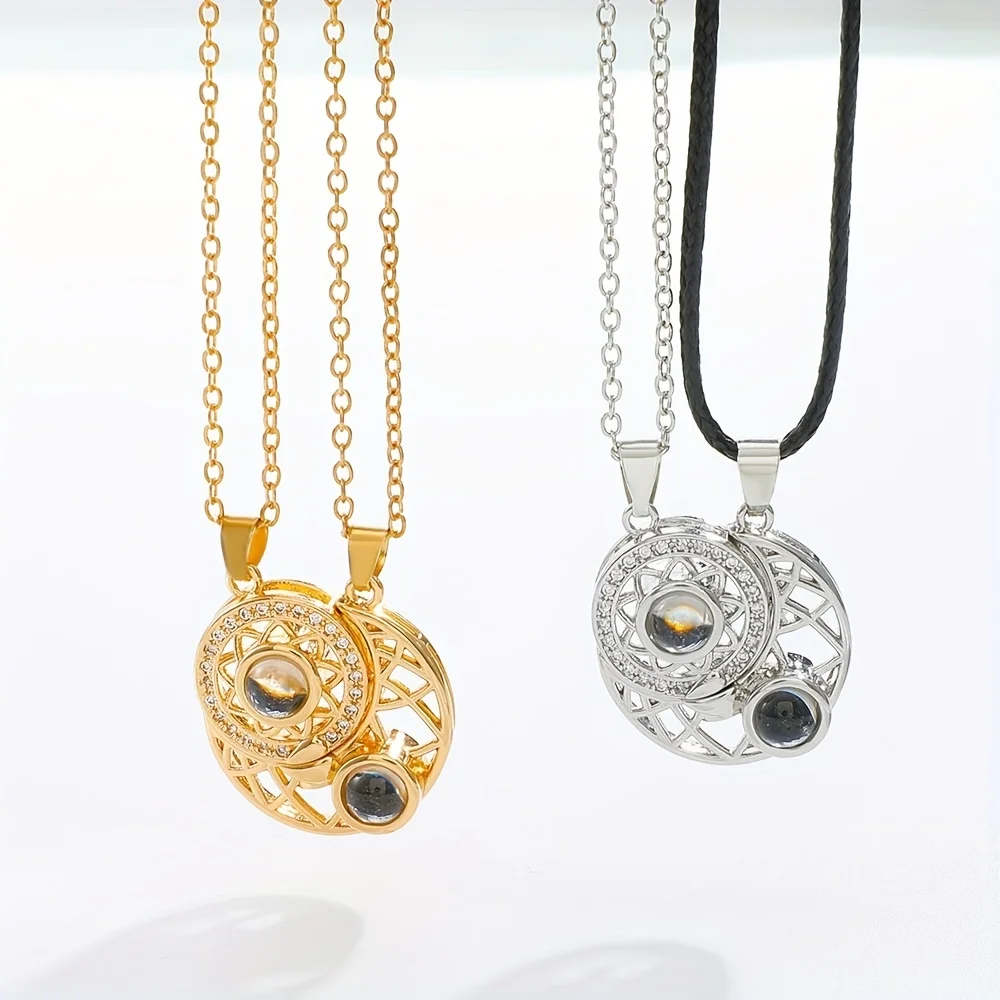 Sun Moon Couples Projection Necklace Fashion Magnetic Pendant Chain Necklace 100 Languages I Love You Stitching Necklace