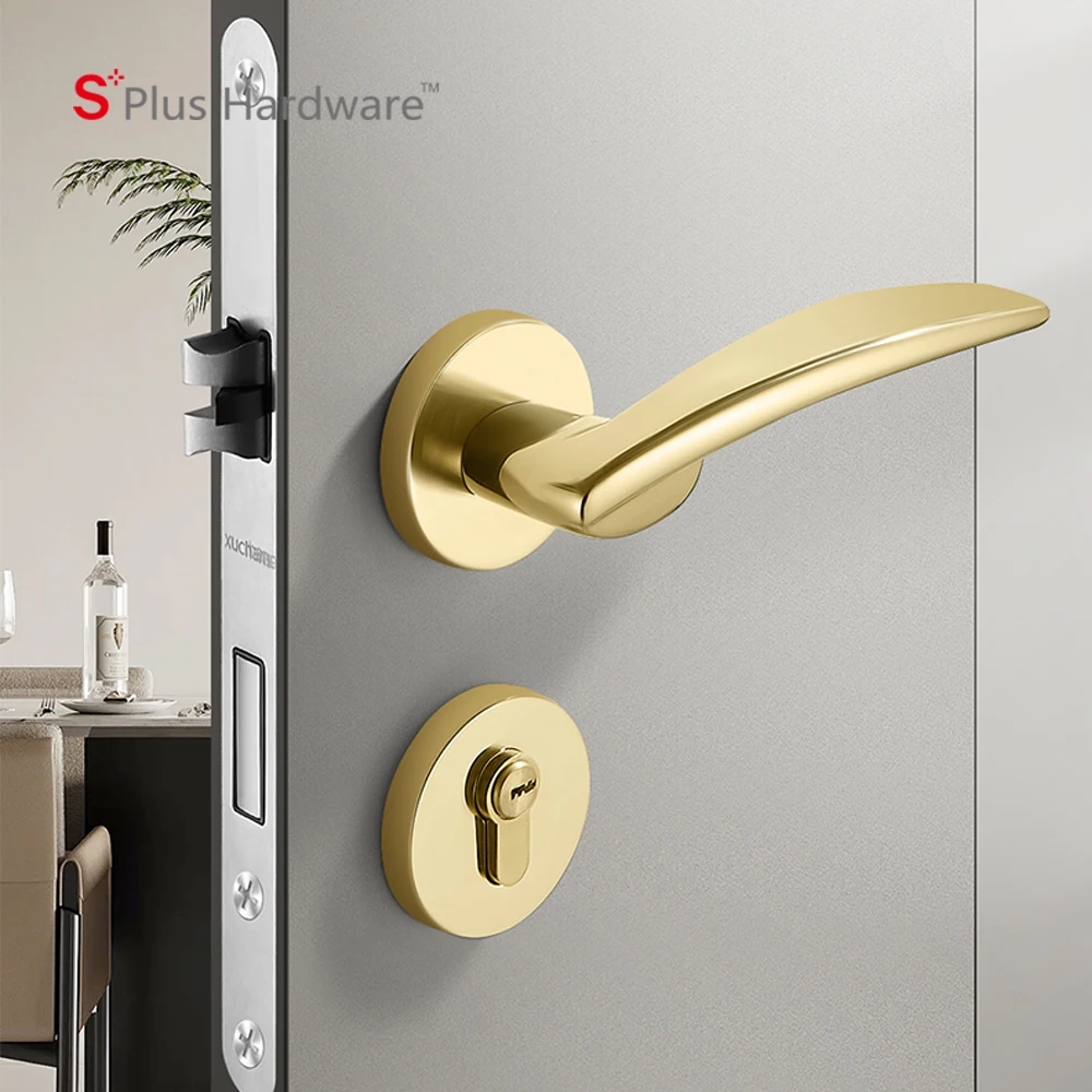 Золотой цинковый сплав Современный цилиндр высокого уровня безопасности аппаратная деревянная ручка дверной замок дизайн