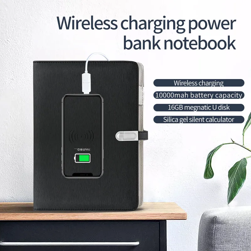 A5 Size Diary Lined Jotter Faux Leather Conference Notepad Wireless Power Bank Calculator Notebook With USB drive