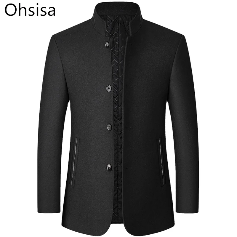 New Fashion Autumn  Winter Stand Collar Long Sleeves Solid Color Middle-aged Men Daily Casual Woolen Jacket