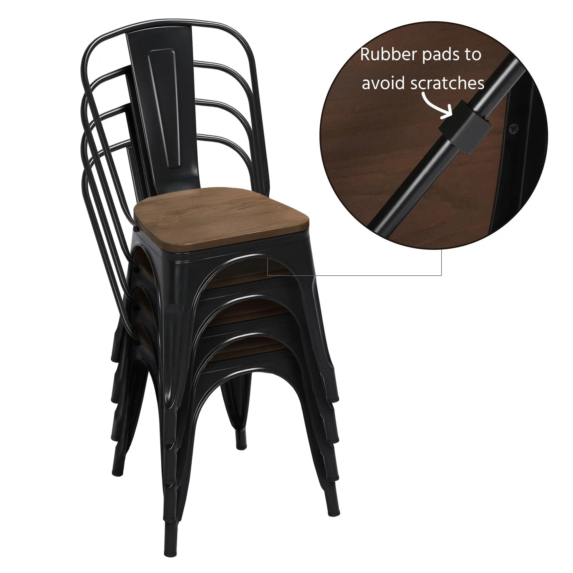 Metal Dining Chair with Wood Top/Seat Indoor-Outdoor Use Chic Dining Bistro Cafe Side Barstool Bar Chair Coffee Chair Set of 4