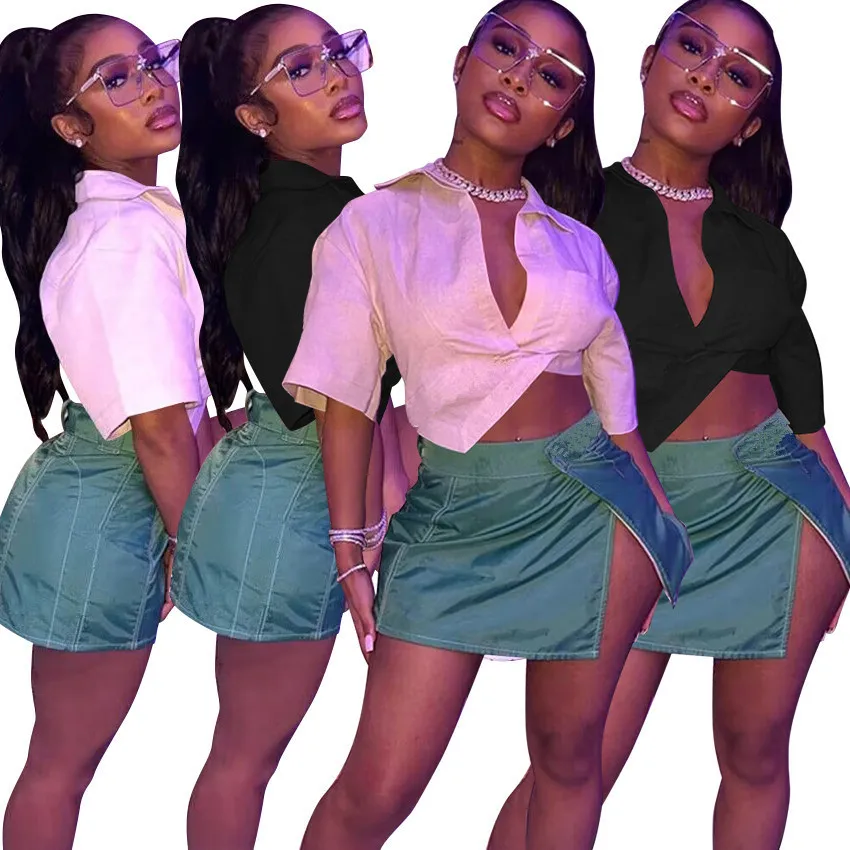 Summer 2023 New Fashion women Short Sleeve Blouse Matching Short Mini Skirt Two Piece Set