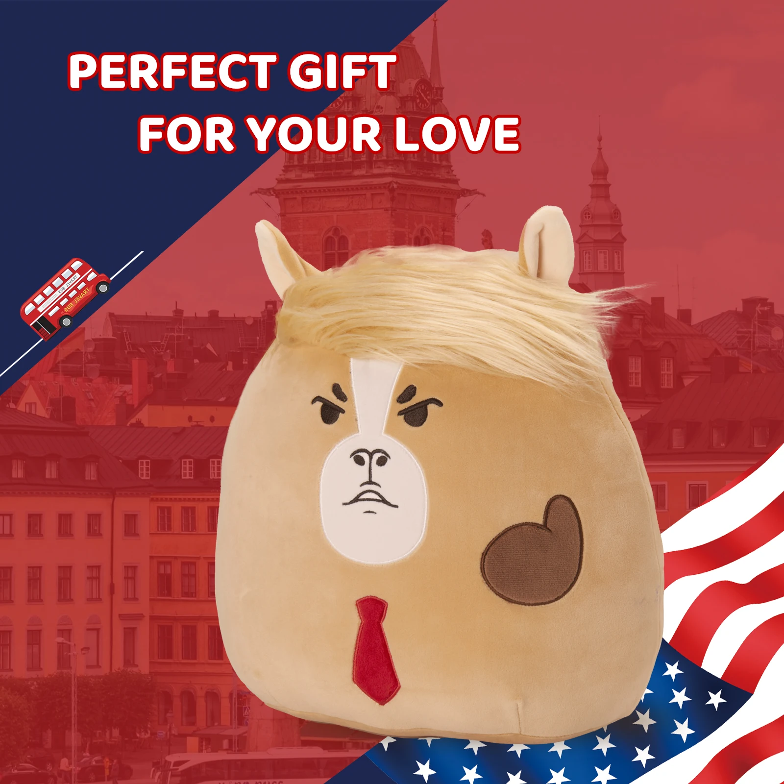 Trumpy Horse squishy plush pillow toy with golden long hair and red hat cartoon stuffed animals gift for friends Donald
