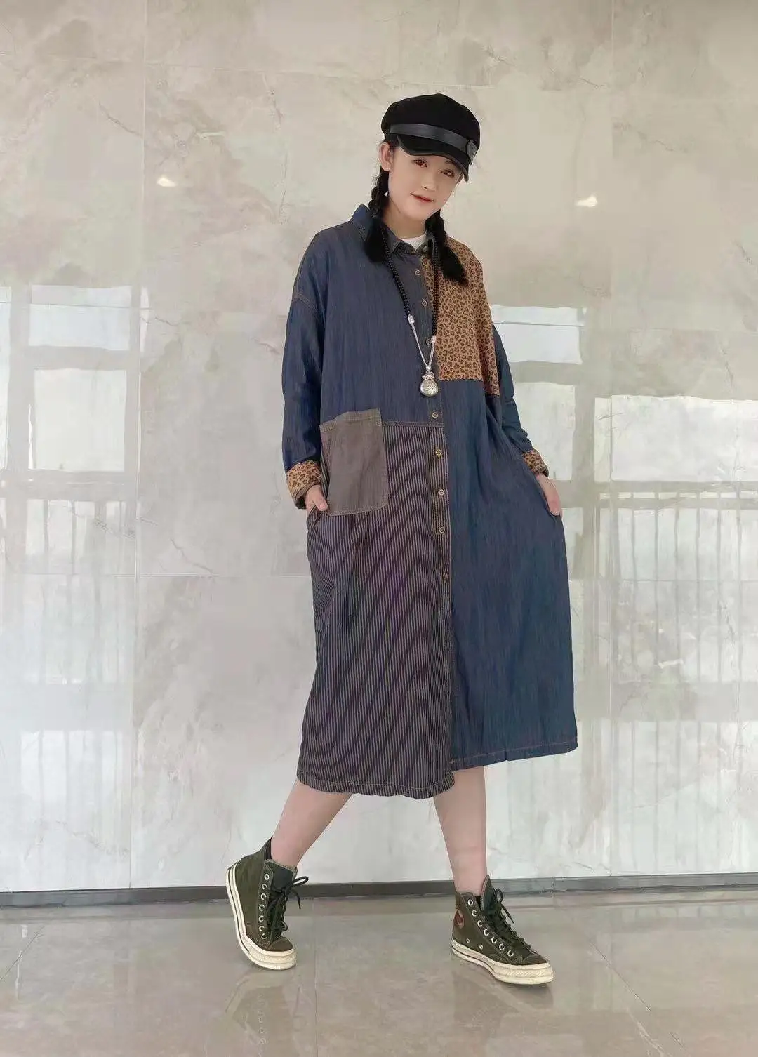 Mid-length cardigan 2021 spring and autumn new loose Oversize Splicing large size dress